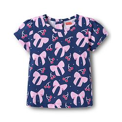 Babyhug Cotton Knit Half Sleeves T-Shirt & Shorts Co-ord Night Suit With Bow & Cherry Print - Navy Blue