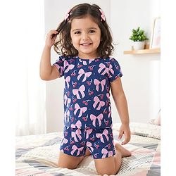 Babyhug Cotton Knit Half Sleeves T-Shirt & Shorts Co-ord Night Suit With Bow & Cherry Print - Navy Blue