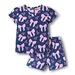 Babyhug Cotton Knit Half Sleeves T-Shirt & Shorts Co-ord Night Suit With Bow & Cherry Print - Navy Blue