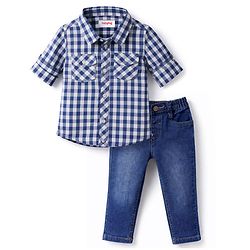 Babyhug Cotton Woven Full Sleeves Checks Shirt & Denim Jeans Set - Blue