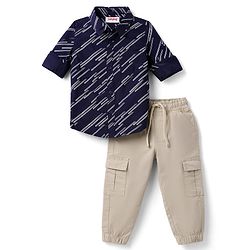 Babyhug Cotton Woven Full Sleeves Printed Shirt & Trouser Set - Navy Blue & Beige