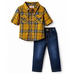 Babyhug Cotton Woven Full Sleeves Shirt & Denim Jeans Set With Checks - Yellow & Blue