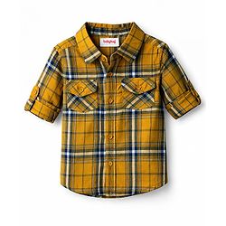 Babyhug Cotton Woven Full Sleeves Shirt & Denim Jeans Set With Checks - Yellow & Blue