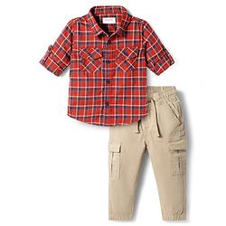 Babyhug Cotton Woven Full Sleeves Checkered Shirt & Trouser Set - Beige