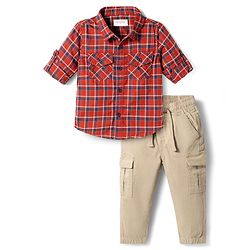 Babyhug Cotton Woven Full Sleeves Checkered Shirt & Trouser Set - Beige