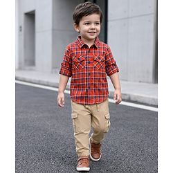 Babyhug Cotton Woven Full Sleeves Checkered Shirt & Trouser Set - Beige