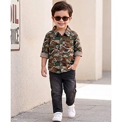 Babyhug Cotton Woven Full Sleeves Shirt & Denim Jeans Set With Camouflage Print - Multicolor