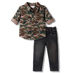 Babyhug Cotton Woven Full Sleeves Shirt & Denim Jeans Set With Camouflage Print - Multicolor