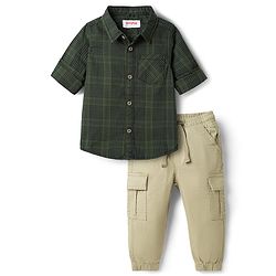 Babyhug Cotton Woven Full Sleeves Checks Shirt & Lounge Pant Set - Dark Green & Beige