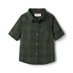 Babyhug Cotton Woven Full Sleeves Checks Shirt & Lounge Pant Set - Dark Green & Beige