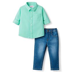 Babyhug Cotton Woven Full Sleeves Solid Color Shirt & Denim Jeans Set - Sea Green & Blue