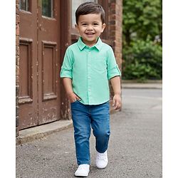 Babyhug Cotton Woven Full Sleeves Solid Color Shirt & Denim Jeans Set - Sea Green & Blue