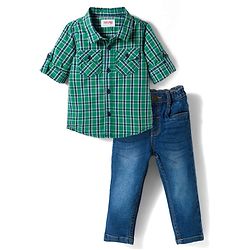 Babyhug Cotton Woven Full Sleeves Checkered Shirt & Denim Jeans Set - Green & Blue