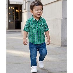 Babyhug Cotton Woven Full Sleeves Checkered Shirt & Denim Jeans Set - Green & Blue