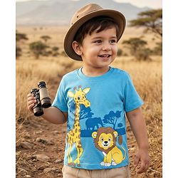 Babyhug Cotton Knit Half Sleeves T-Shirt With Animal Print - Light Blue