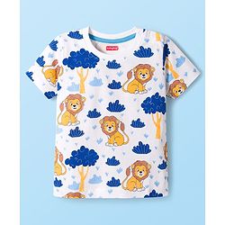 Babyhug Cotton Knit Half Sleeves T-Shirt With Lion Print - White