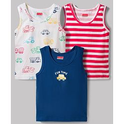 Babyhug 100% Cotton Knit Sleeveless Striped & Vehicles Printed Sando Vests Pack Of 3 - Multicolour