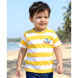 Babyhug 100% Cotton Knit Half Sleeves Striped T-Shirt With Shark Print - Multicolour