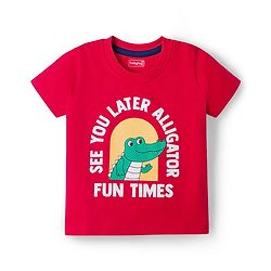 Babyhug 100% Cotton Knit Half Sleeves Alligator & Text Printed T-Shirt - Red