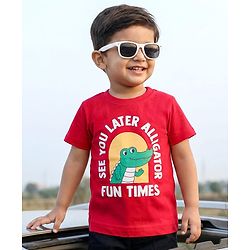 Babyhug 100% Cotton Knit Half Sleeves Alligator & Text Printed T-Shirt - Red
