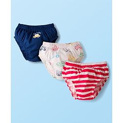Babyhug 100% Cotton Knit Briefs  with Striped & Vehicle Print Pack of 3 - Navy White & Red