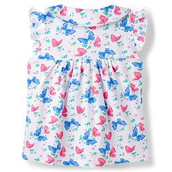 Babyhug Cotton Knit Frill Sleeves Butterfly Printed Co-Ord Peter Pan Collared Shirt & Shorts Night Suit  - White