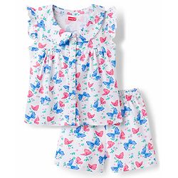 Babyhug Cotton Knit Frill Sleeves Butterfly Printed Co-Ord Peter Pan Collared Shirt & Shorts Night Suit  - White