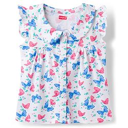 Babyhug Cotton Knit Frill Sleeves Butterfly Printed Co-Ord Peter Pan Collared Shirt & Shorts Night Suit  - White