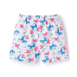 Babyhug Cotton Knit Frill Sleeves Butterfly Printed Co-Ord Peter Pan Collared Shirt & Shorts Night Suit  - White