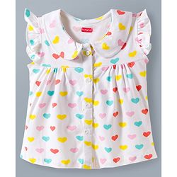Babyhug Cotton Knit Frill Sleeves Front Open Co-ords Top & Short Night Suit with Heart Print - White