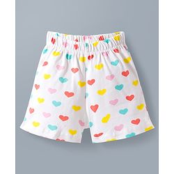 Babyhug Cotton Knit Frill Sleeves Front Open Co-ords Top & Short Night Suit with Heart Print - White