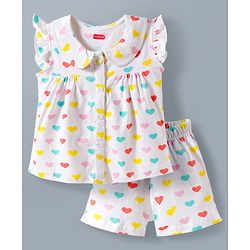 Babyhug Cotton Knit Frill Sleeves Front Open Co-ords Top & Short Night Suit with Heart Print - White