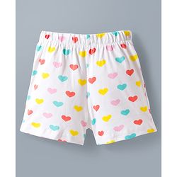 Babyhug Cotton Knit Frill Sleeves Front Open Co-ords Top & Short Night Suit with Heart Print - White