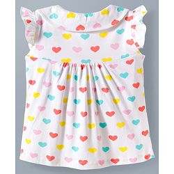 Babyhug Cotton Knit Frill Sleeves Front Open Co-ords Top & Short Night Suit with Heart Print - White