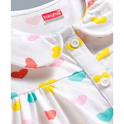 Babyhug Cotton Knit Frill Sleeves Front Open Co-ords Top & Short Night Suit with Heart Print - White