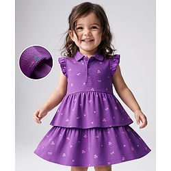 Babyhug 100% Cotton Knit Sleeveless Floral Printed Layered Frock - Purple