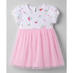 Babyhug Mesh Knit Half Sleeves Floral Printed Frock - Pink