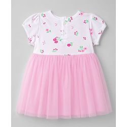 Babyhug Mesh Knit Half Sleeves Floral Printed Frock - Pink