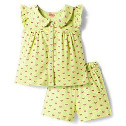 Babyhug Cotton Knit Frill Sleeves Co-ords Top & Shorts Night Suit with Heart Print - Light Green