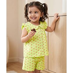 Babyhug Cotton Knit Frill Sleeves Co-ords Top & Shorts Night Suit with Heart Print - Light Green