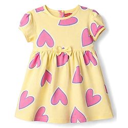 Babyhug Cotton Knit One Piece Dress with Short Sleeves and Heart Print Yellow 3-6 Months