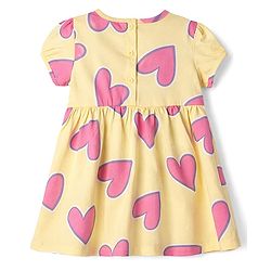 Babyhug Cotton Knit One Piece Dress with Short Sleeves and Heart Print Yellow 3-6 Months