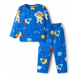 Babyhug Cotton Knit Full Sleeves Co-ords T-Shirt & Pajama Night Suit with Space Theme Print - Navy Blue