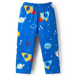 Babyhug Cotton Knit Full Sleeves Co-ords T-Shirt & Pajama Night Suit with Space Theme Print - Navy Blue
