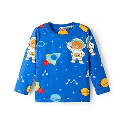 Babyhug Cotton Knit Full Sleeves Co-ords T-Shirt & Pajama Night Suit with Space Theme Print - Navy Blue