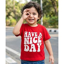 Babyhug 100% Cotton Knit Half Sleeves Text Printed T-Shirt- Red