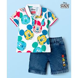 Babyhug Disney Single Jersey Knit Half Sleeves Polo T-Shirt & Shorts Set with Mickey Mouse Graphic - Multicolor