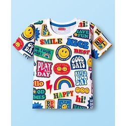 Babyhug Cotton Knit Half Sleeves T-Shirt with Text Print - White, Yellow & Blue