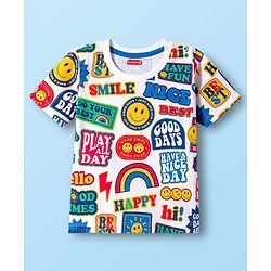 Babyhug Cotton Knit Half Sleeves T-Shirt with Text Print - White, Yellow & Blue