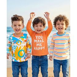 Babyhug Cotton Knit Full Sleeves Striped Abstract & Text Printed T-Shirts Pack of 3 - Orange & White